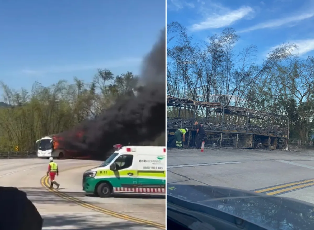 VÍDEO: ônibus de turismo pega fogo na BR-116 em Teresópolis